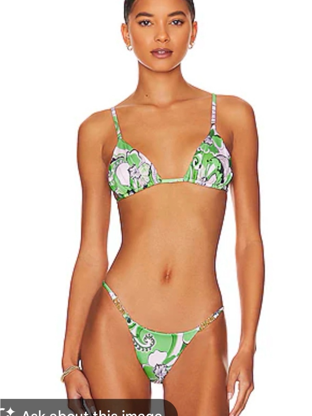 Cin Cin Green Floral Triangle Bikini Set with Delicate Straps and Coverup